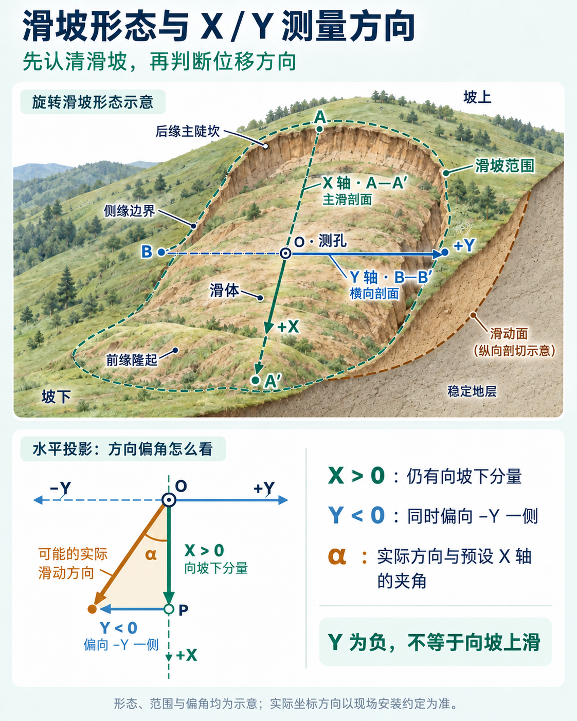 Illustration of the landslide, the X/Y measurement axes and possible directional deviation. In the lower diagram, X > 0 and Y < 0 still represent a downslope component. All directions are illustrative; the installation convention governs the actual axes.
