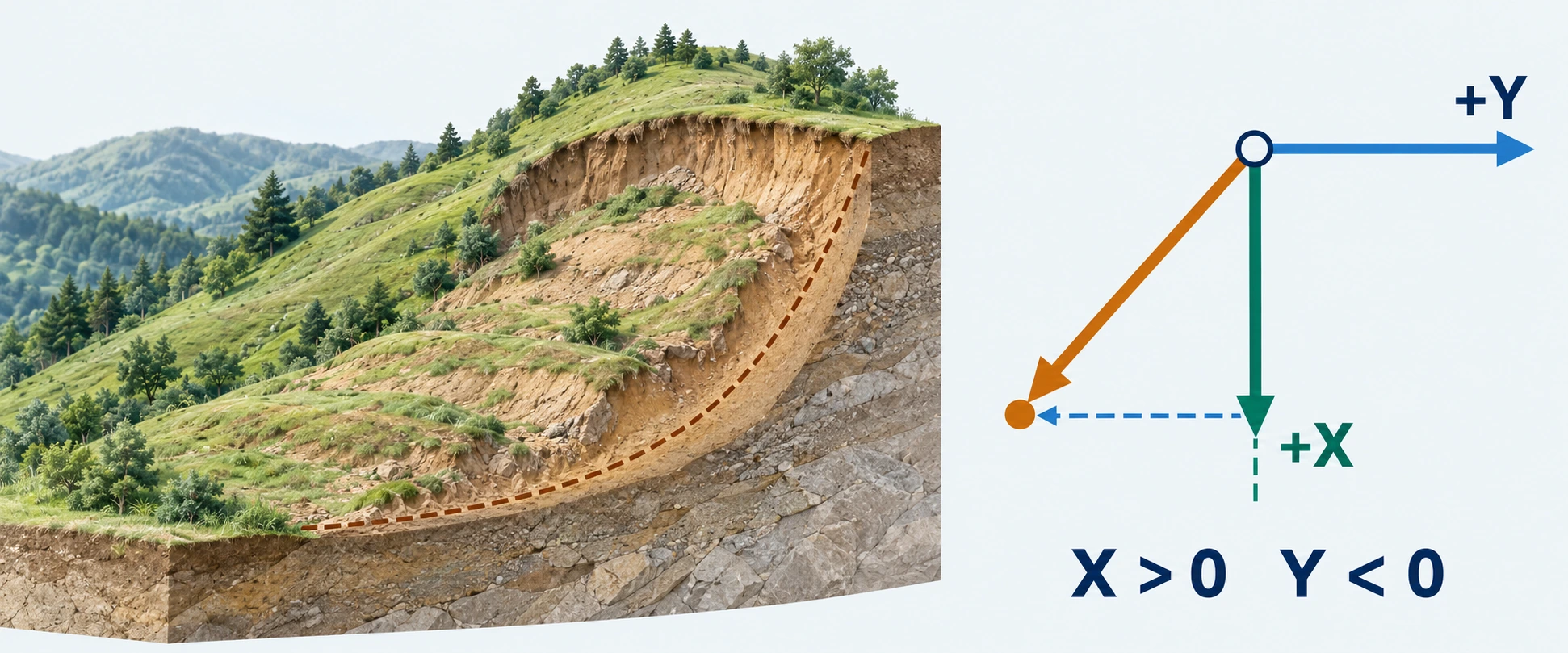 Illustration of a slope and displacement components: positive X and negative Y