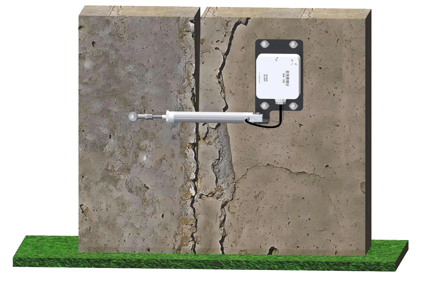 RT-1080 rod-type wireless crackmeter installed across a structural crack