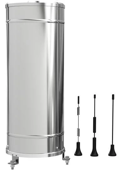 RT-1090 rain gauge with a stainless-steel cylindrical housing and wireless antenna